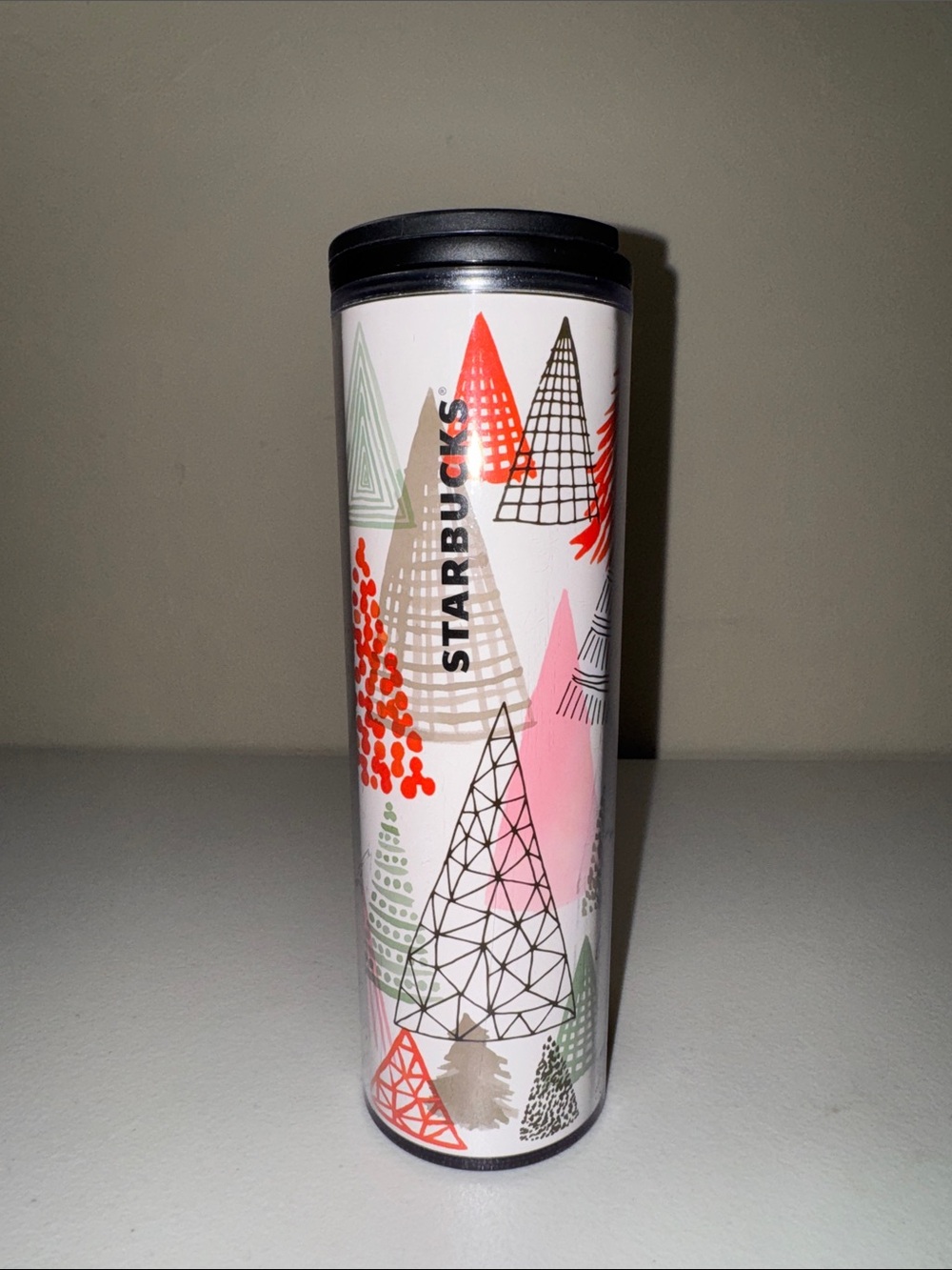Starbucks White Tumbler with Red, Pink, Green and Black Tree Motif